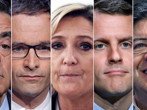 Vlnr. Francois Fillon, Benoit Hamon, Marine Le Pen, Emmanuel Macron en Jean-Luc Melenchon.