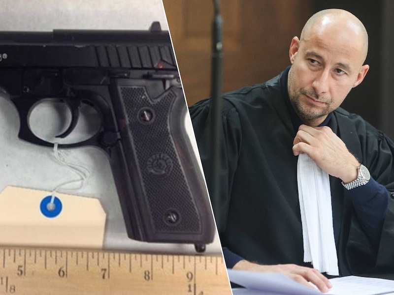 Het verschil tussen een echt wapen en een airsoftwapen is vaak moeilijk te zien. Rechts: advocaat Thomas Vandemeulebroucke