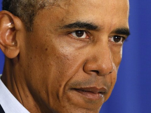 De Amerikaanse president Barack Obama vandaag tijdens een persconferentie in Martha's Vineyard.