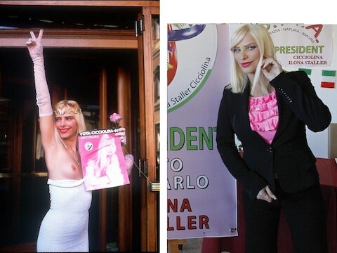 Ilona Staller vroeger en nu: in de jaren '80 als frisse verschijning in de Italiaanse politiek en nu als prille zeventiger.