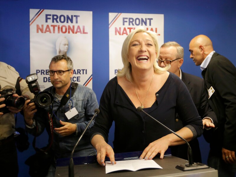 Front National-voorvrouw Marine Le Pen is blij met de uitslag van de verkiezingen.