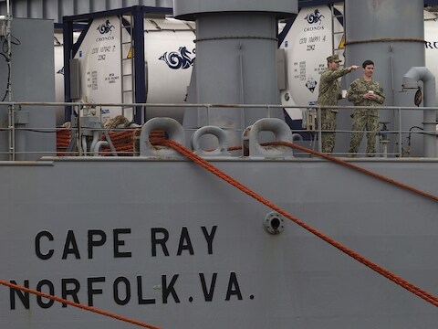 Het Amerikaanse schip Cape Ray in de haven van het Spaanse Rota. Het schip moet helpen met het verwijderen van de chemische wapenvoorraad van Syrië.
