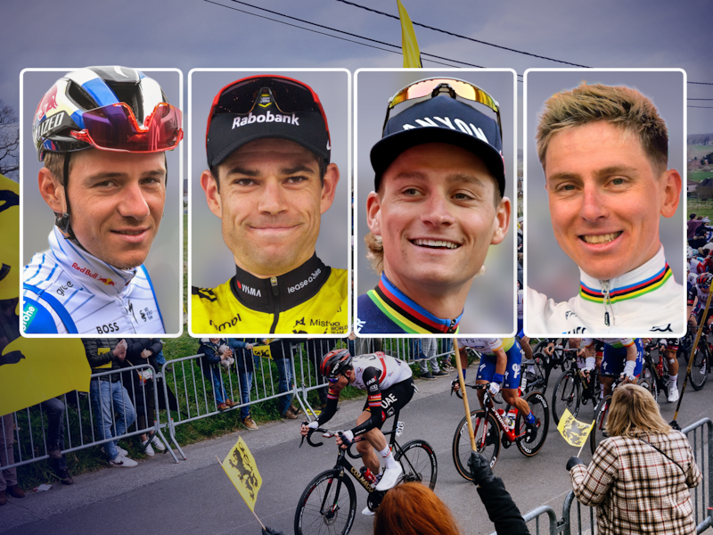 Remco Evenepoel, Wout van Aert, Mathieu van der Poel en Tadej Pogacar staan aan de start, maar wie van de vier wint volgens jou de Ronde van Vlaanderen?