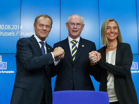 Donald Tusk, Herman Van Rompuy en Federica Mogherini.