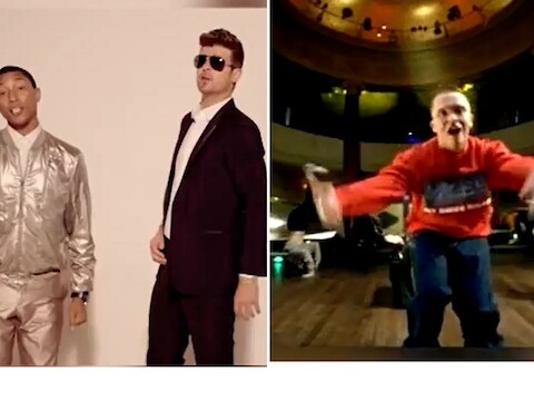 Pharrell Williams (links) en Robin Thicke, rechts de Nederlandse rapper Brainpower.