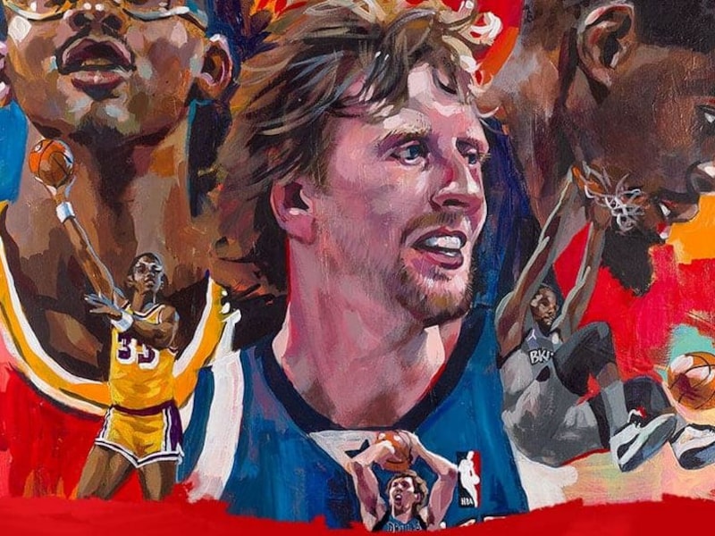 Kareem Abdul-Jabbar, Dirk Nowitzki en Kevin Durant, zoals ze zullen verschijnen op de cover van 'NBA 2K22'.