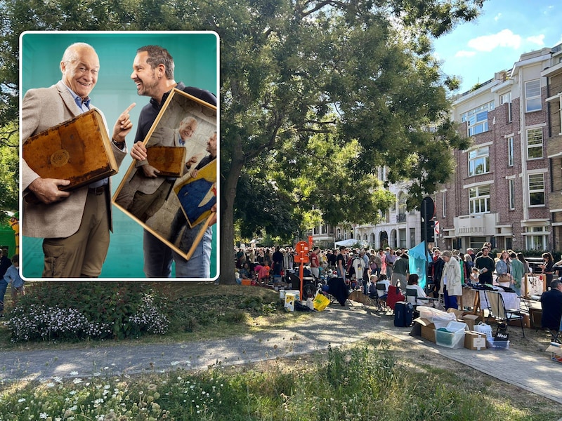 Rommelmarkt in het Miljoenenkwartier in Gent. Inzet: Eenmaal Andermaal met Jacques Vermeire en Axel Daeseleire.