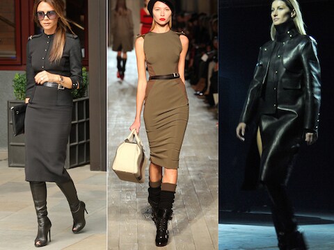 Victoria Beckham in een van haar eigen creaties, een jurk op de catwalk van Victoria Beckham en Gisele Bundchen met een jas van Alexander Wang.