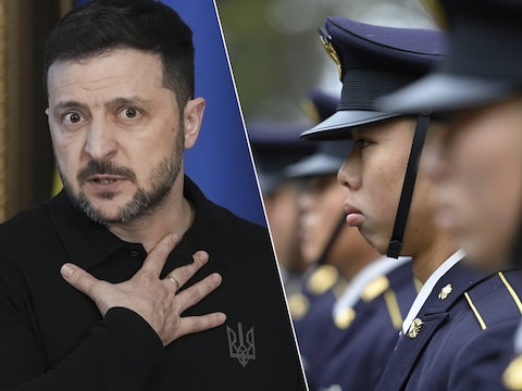 De Oekraïense president Zelensky en soldaten van de Japanse zelfverdedigingsmacht.