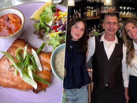 De zalm met dillesaus (links) geserveerd door het team van Brasserie Wondelgem (rechts).