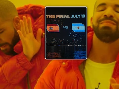 De bekende meme met rapper Drake. Inzet: WK-droneshow.