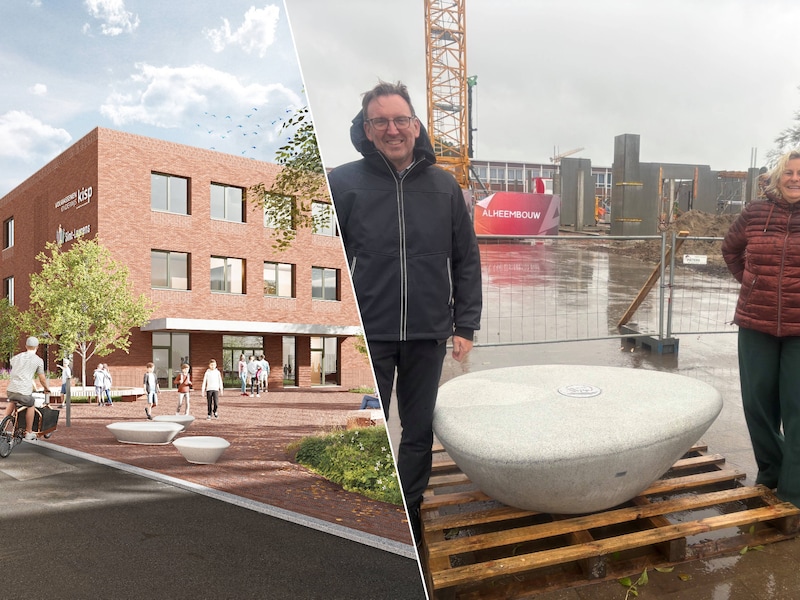 De toekomstige nieuwbouw van Sint-Laurens in Zelzate (links).  Technisch directeur Eric Van Gucht en beleidsondersteuner Annick Biesbroeck bij de eerste symbolische steen die later een toekomst krijgt als zitbankje.