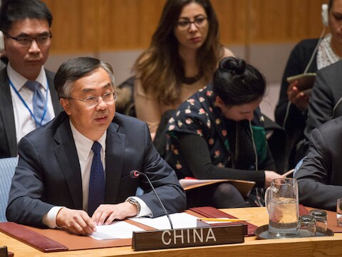 Wang Min, de Chinese vertegenwoordiger tijdens de zitting van de VN Veiligheidsraad gisteren