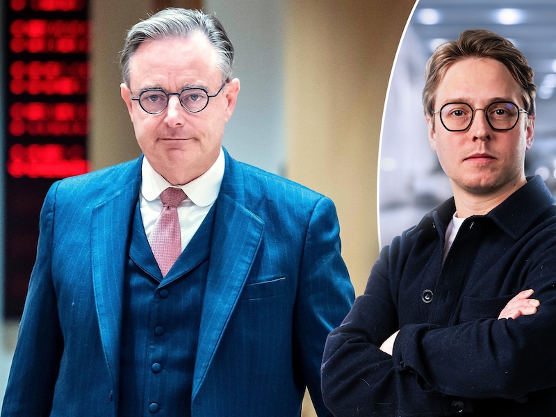 Premier De Wever (N-VA) donderdag op de Europese top in Brussel. Rechts: politiek journalist Timmie van Diepen.