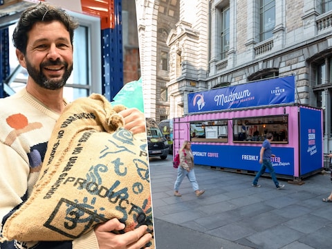 Pieter Claes, oprichter van Madmum. / De koffiecontainer van Madmum aan het Centraal Station.