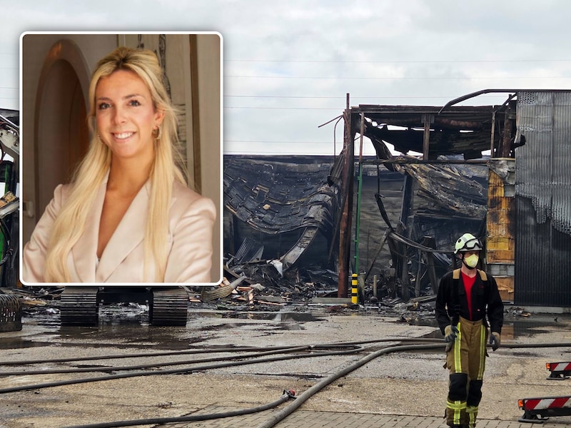De ravage bij het bedrijf Storebox in Westerlo was enorm. Foto inzet: advocate Annebeth Moons.