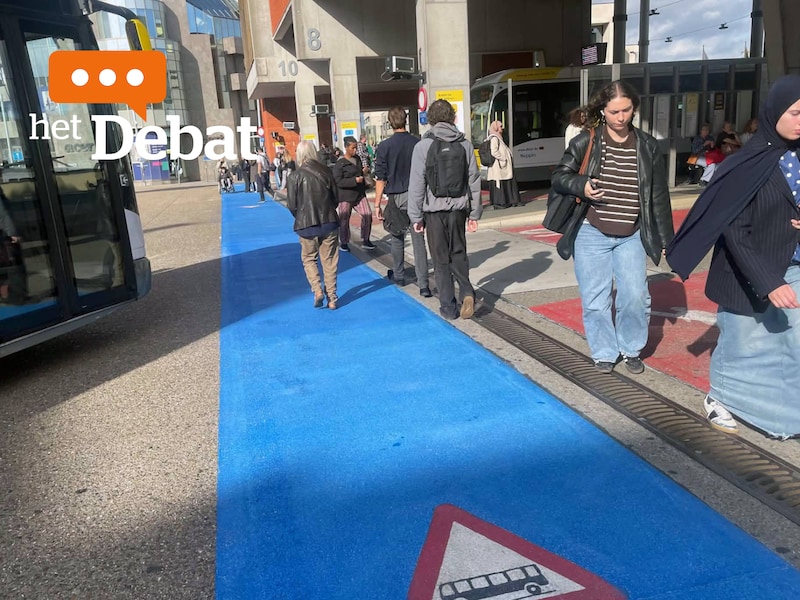 Blauwe markering aan het busstation in Leuven: jullie zijn niet meteen overtuigd van het nut. 