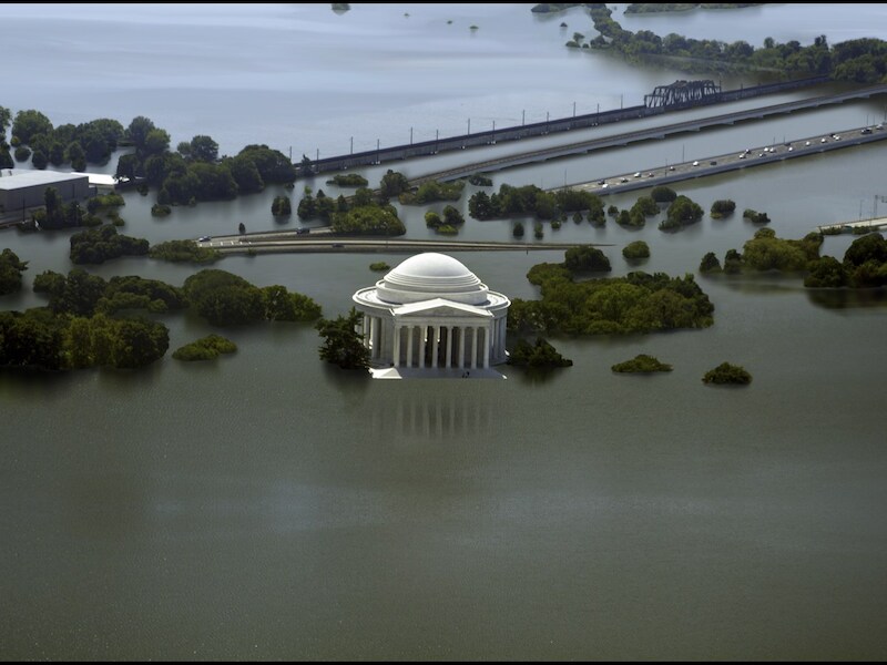 Een illustratiebeeld van hoe de stijging van het oceaanwater het Jefferson Memorial in Washington onder water zou zetten.