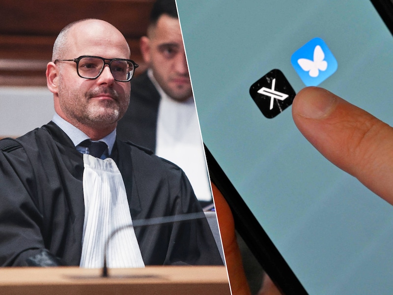 Advocaat Frédéric Thiebaut (l.) staat het Instituut voor de Gelijkheid van Vrouwen en Mannen bij in het proces tegen socialenetwerksite X (r.) rond de verkrachtingsvideo van een Vlaamse vrouw.