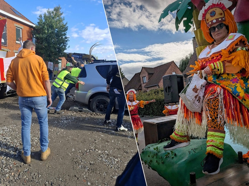 Een van de wagens kwam vast te zitten op de werf, Paradijskermis? Daar hoort ook een heuse stoet bij