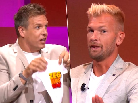 James Cooke plaagt Ruben Van Gucht met ludiek kraamcadeau: in ‘Zeg eens euh’: “Bij jou weten we nooit of het bij eentje blijft”