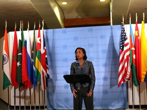 VS-ambassadrice Susan Rice staat de pers tewoord.