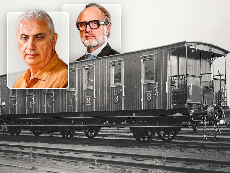 Het eerste transport vanuit de Dossinkazerne naar Auschwitz gebeurde nog met derdeklassewagons. Later werden gesloten beestenwagons gebruikt. Kleine foto’s: Alexander Zanzer (links) en Arthur Flieger.