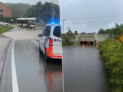 Links: De Rijweg in Herent kwam deels onder water te staan. Rechts: In de Bijlokstraat in Herent rijkte het water tot in het midden van de tunnel.
