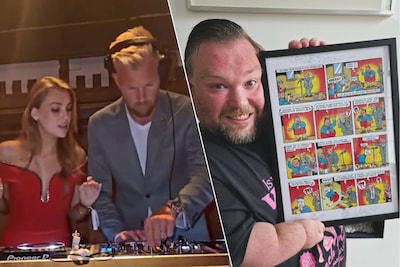 BV 24/7. Ruben Van Gucht achter draaitafel met Valentine en William Boeva vereeuwigd in een strip van Urbanus