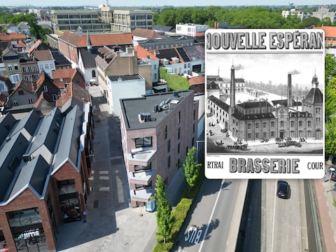 luchtbeeld van residentie Espérance, op de hoek van de Potterijstraat en de Romeinselaan / (inzet: vroeger had je daar brouwerij La Nouvelle Espérance)