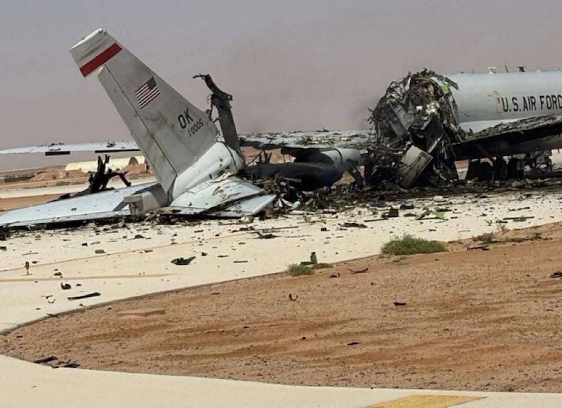 The destroyed Boeing E-3 Sentry at Prince Sultan Air Base in Saudi Arabia.