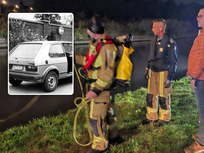 Brandweerduikers zoeken als oefening naar een Volkswagen Golf GTI van de Bende van Nijvel. David Van De Steen (r), overlever van de aanslag in Aalst, volgt de actie. Inzet: de Volkswagen Golf GTI die de Bende van Nijvel zou gebruikt hebben bij de overval op de Delhaize in Aalst.