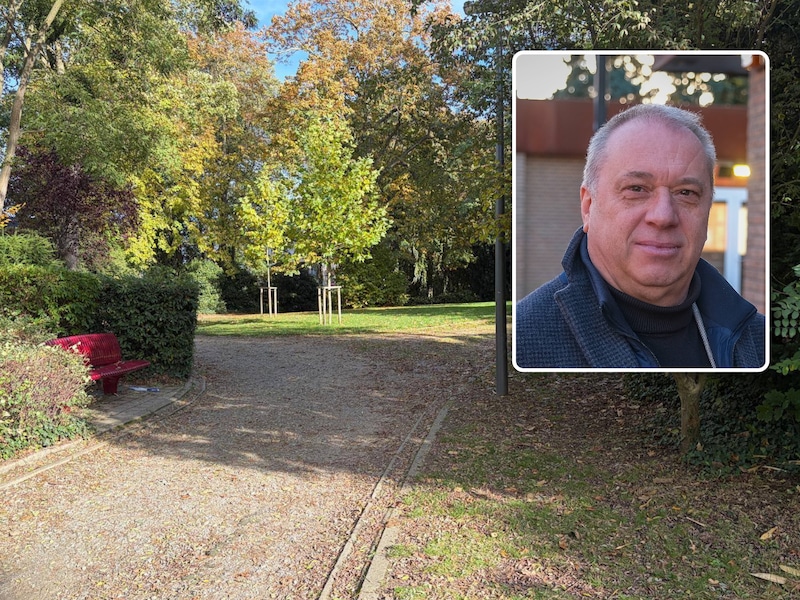 In dit park, waarin ook het gemeentehuis ligt, werd woensdag een 14-jarige in het achterhoofd gestoken., Inzet: Burgemeester Dirk Philips.