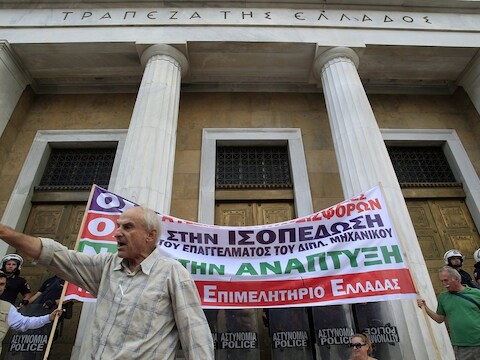 Demonstranten tijdens een betoging in Athene twee dagen geleden.