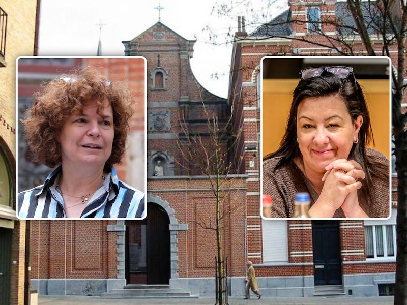 archiefbeeld van het voormalige klooster van de Ongeschoeide Karmelietessen / (inzetten: schepen Hannelore Vanhoenacker (links) en gedeputeerde Kelly Detavernier