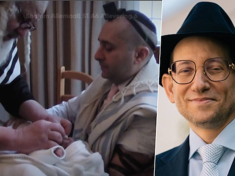 Een fragment uit de tv-serie ‘Shaloom Allemaal’, waarbij een rituele besnijdenis bij de zoon van politicus David Rosenberg in beeld werd gebracht. Antwerps rabbijn Moshe Friedman (r.) stelde zich burgerlijke partij in het gerechtelijk onderzoek naar de rituele besnijdenissen