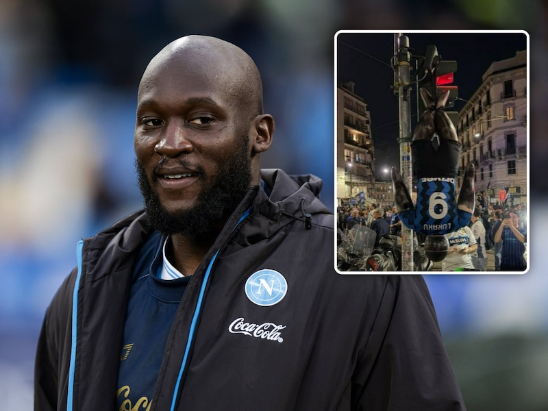 Wansmakelijk: fans van ex-club Inter laten zich van kleinste kant zien op titelfeest met opgehangen opblaaspop van Romelu Lukaku