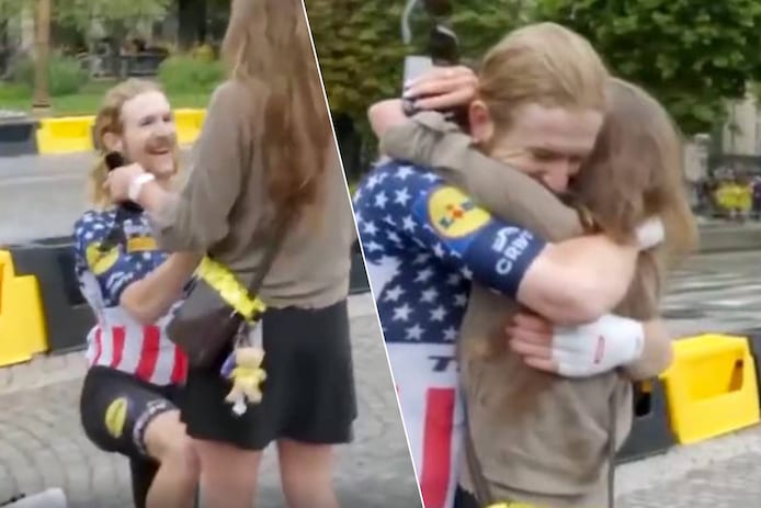 KIJK. Prachtig moment: Quinn Simmons vraagt vriendin ten huwelijk op  Champs-Élysées | Tour de France | hln.be