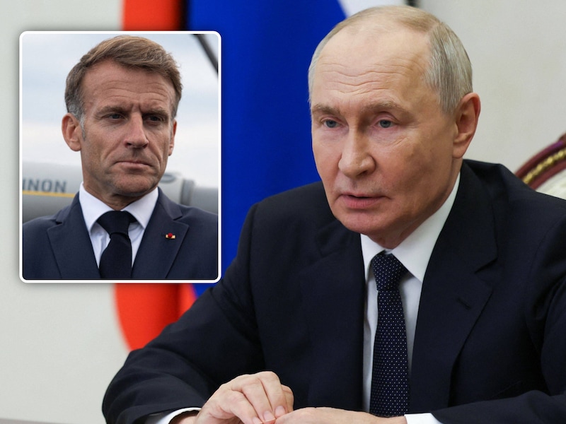 Inzet: Franse president Emmanuel Macron tijdens de testlancering van een nieuwe Franse kernraket. Russische president Vladimir Poetin. 