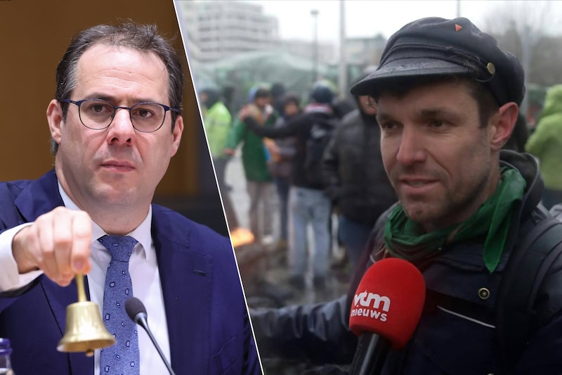 Links: Federaal minister van Landbouw David Clarinval (MR) start de vergadering van Europese landbouwministers. Rechts: Tijs Boelens van Boerenforum tijdens het boerenprotest in Brussel (Fotomontage HLN)