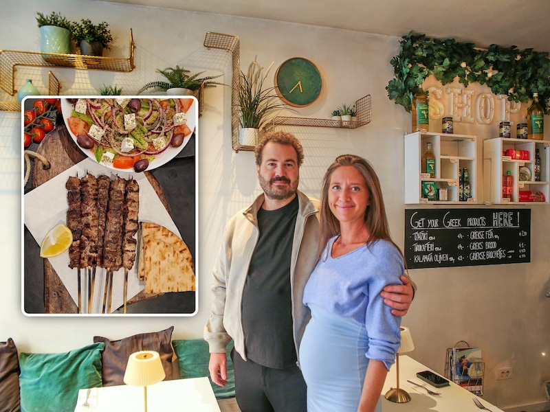 Alexis Pellegrini en Melissa Tsoumpoulis in pastabar Basta! / (inzet: de varkensbrochetjes met fluffy Grieks brood en een frisse Griekse salade)