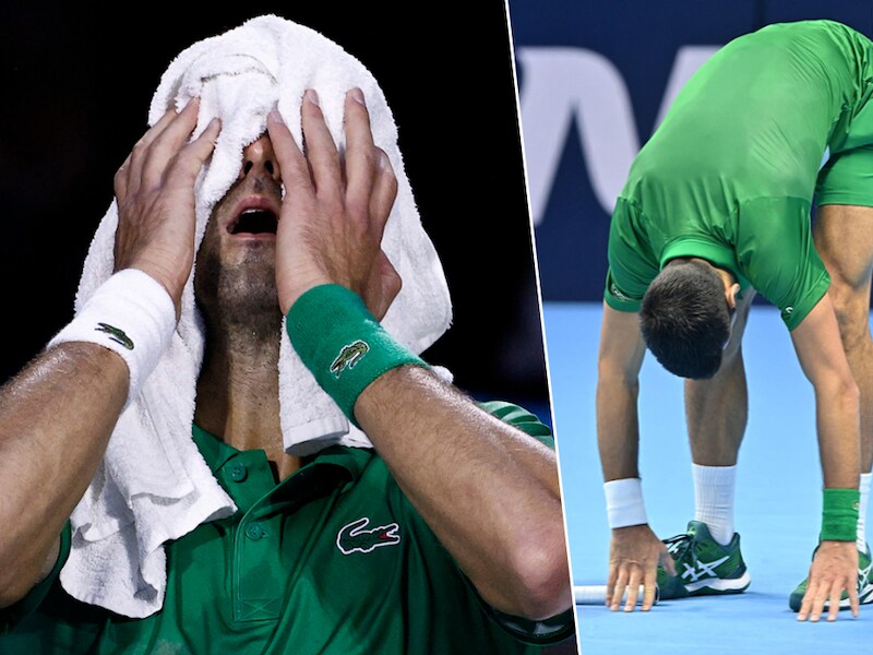 Opvallende beelden: oververmoeide Djokovic bibbert en heeft hulp nodig van racket om op de been te blijven