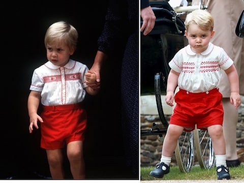 Links: prins William in 1984. Rechts: zijn zoon prins George, zondag bij de doop van prinses Charlotte.