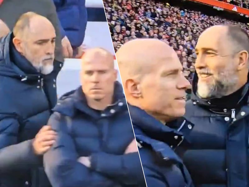 Pijnlijk: Tottenham-coach Igor Tudor gaat de mist in wanneer hij Arne Slot succes wil wensen, maar verkeerde kale man aanklampt