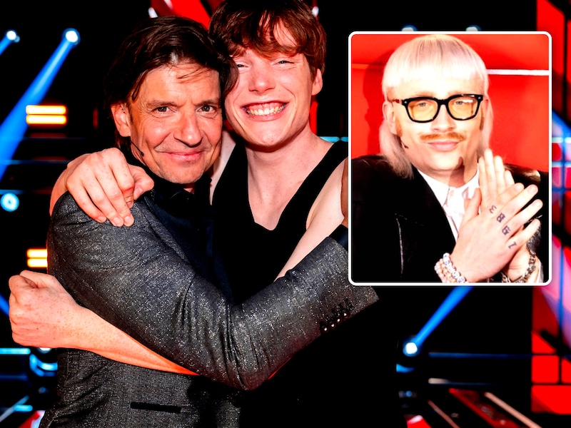 Koen Wauters en Bas Serra, vlak na de overwinning in ‘The Voice van Vlaanderen 2026’. Rechts Joost Klein.