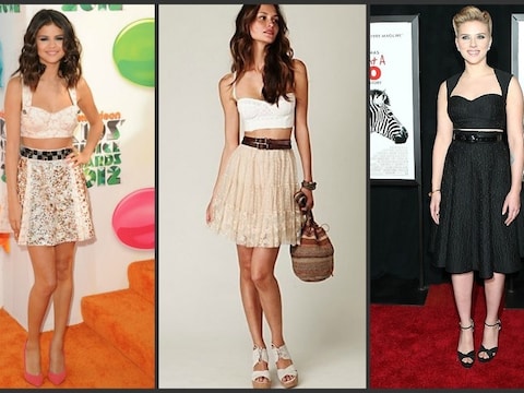 Selena Gomez, een model in een ontwerp van Free People en Scarlett Johansson