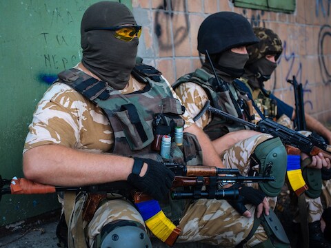 Oekraïense soldaten gisteren in de buurt van Donetsk.