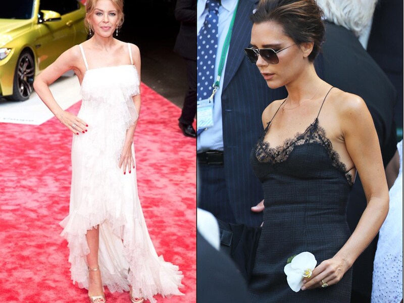 Kylie Minogue en Victoria Beckham in hun gewaagde lingeriejurk.