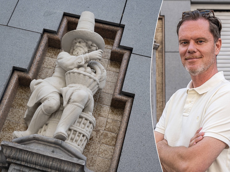 Standbeeld van Teun de Eierboer op de Eiermarkt / stadsgids Tanguy Ottomer