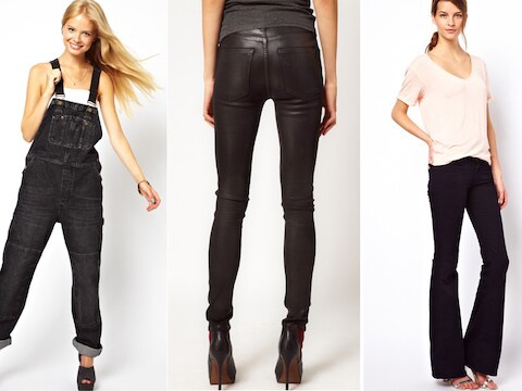 De tuinbroek, jeans met glanzende laag en brede jeans.